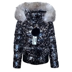 Дамско яке с естествен пух, City Angels Jeans, Черно бял лак, 6853 Дамско яке с естествен пух, City Angels Jeans, Черно бял лак, 6853